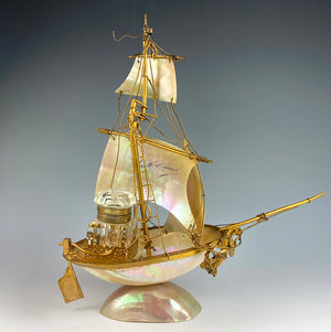 Antique French Mother of Pearl Shell Sail Boat 9.25" Tall w Inkwell, Anchor, Superb Detail