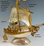 Antique French Mother of Pearl Shell Sail Boat 9.25" Tall w Inkwell, Anchor, Superb Detail