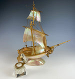 Antique French Mother of Pearl Shell Sail Boat 9.25" Tall w Inkwell, Anchor, Superb Detail