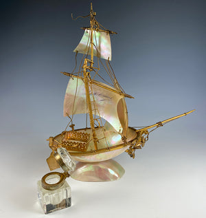 Antique French Mother of Pearl Shell Sail Boat 9.25" Tall w Inkwell, Anchor, Superb Detail