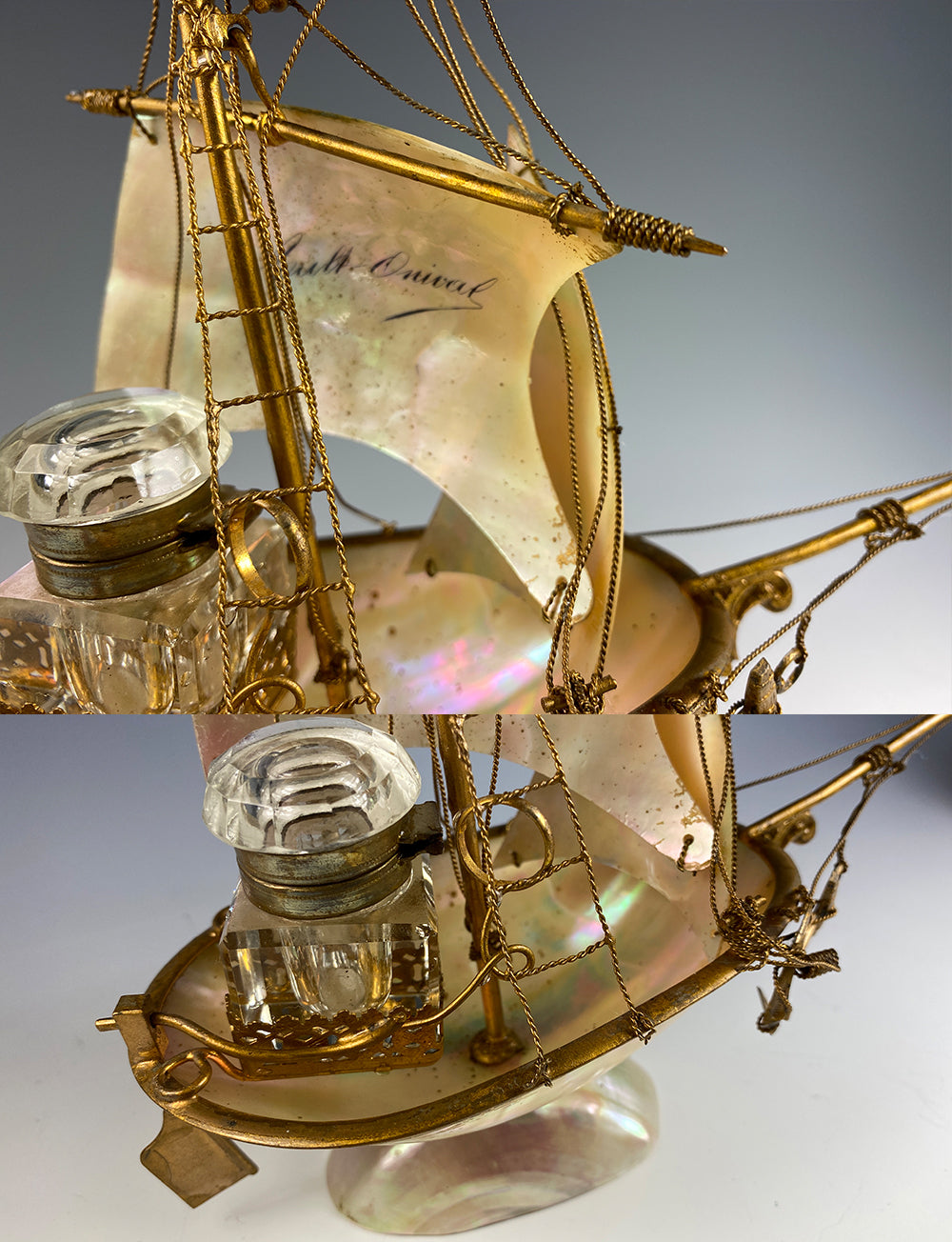 Antique French Mother of Pearl Shell Sail Boat 9.25" Tall w Inkwell, Anchor, Superb Detail