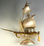 Antique French Mother of Pearl Shell Sail Boat 9.25" Tall w Inkwell, Anchor, Superb Detail