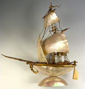 Antique French Mother of Pearl Shell Sail Boat 9.25" Tall w Inkwell, Anchor, Superb Detail