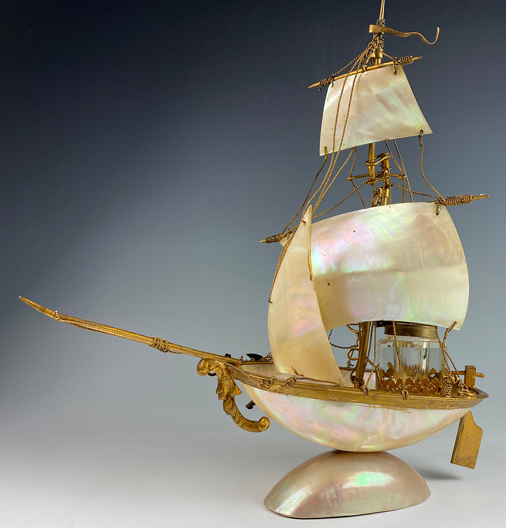 Antique French Mother of Pearl Shell Sail Boat 9.25" Tall w Inkwell, Anchor, Superb Detail