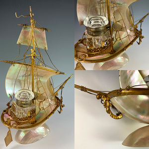 Antique French Mother of Pearl Shell Sail Boat 9.25" Tall w Inkwell, Anchor, Superb Detail