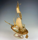 Antique French Mother of Pearl Shell Sail Boat 9.25" Tall w Inkwell, Anchor, Superb Detail