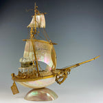 Antique French Mother of Pearl Shell Sail Boat 9.25" Tall w Inkwell, Anchor, Superb Detail