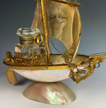 Antique French Mother of Pearl Shell Sail Boat 9.25" Tall w Inkwell, Anchor, Superb Detail