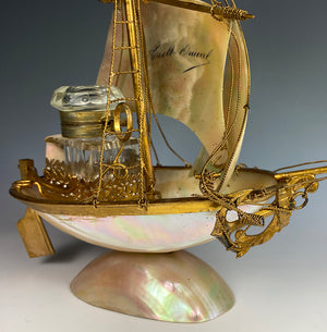 Antique French Mother of Pearl Shell Sail Boat 9.25" Tall w Inkwell, Anchor, Superb Detail