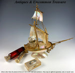 Antique French Mother of Pearl Shell Sail Boat 9.25" Tall w Inkwell, Anchor, Superb Detail