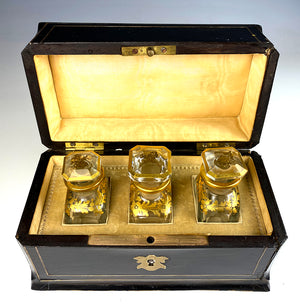 Antique French Napoleon III, Victorian Era Boulle Scent Box, Caddy, 3 Baccarat Perfume Bottles, EC