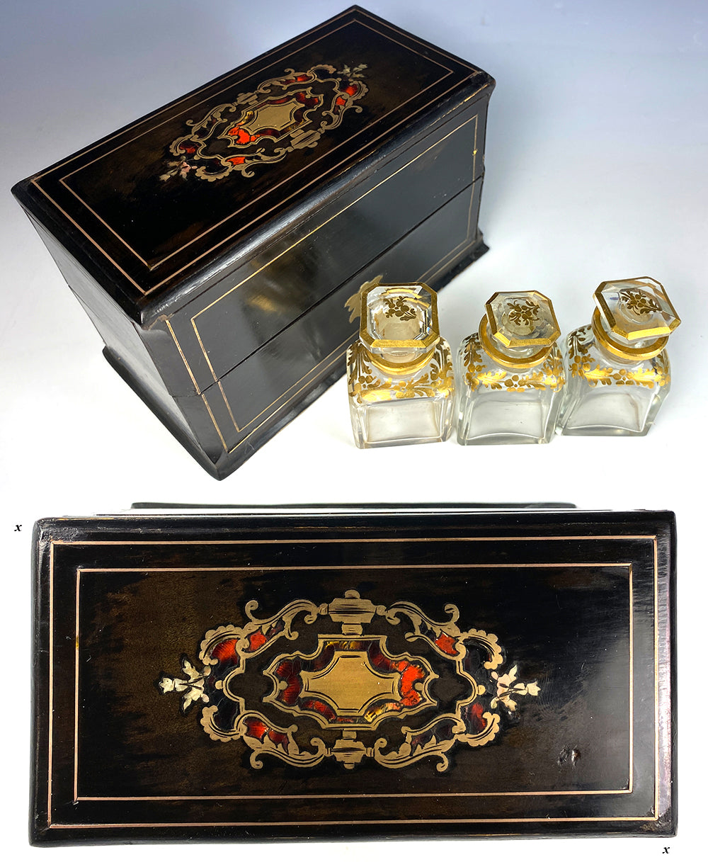 Antique French Napoleon III, Victorian Era Boulle Scent Box, Caddy, 3 Baccarat Perfume Bottles, EC
