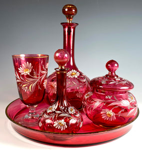 Antique French Cranberry Glass & Enamel Tray and Decanters, Sugar, Goblet, Absinthe Service