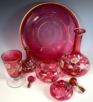 Antique French Cranberry Glass & Enamel Tray and Decanters, Sugar, Goblet, Absinthe Service