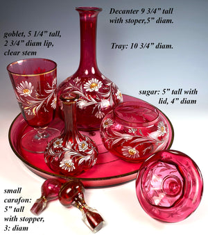 Antique French Cranberry Glass & Enamel Tray and Decanters, Sugar, Goblet, Absinthe Service