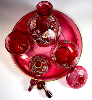 Antique French Cranberry Glass & Enamel Tray and Decanters, Sugar, Goblet, Absinthe Service