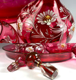 Antique French Cranberry Glass & Enamel Tray and Decanters, Sugar, Goblet, Absinthe Service