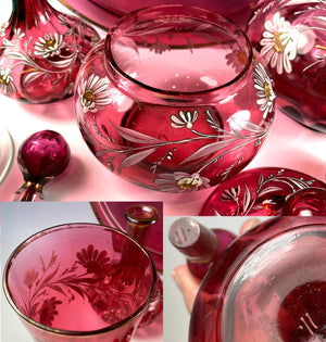 Antique French Cranberry Glass & Enamel Tray and Decanters, Sugar, Goblet, Absinthe Service