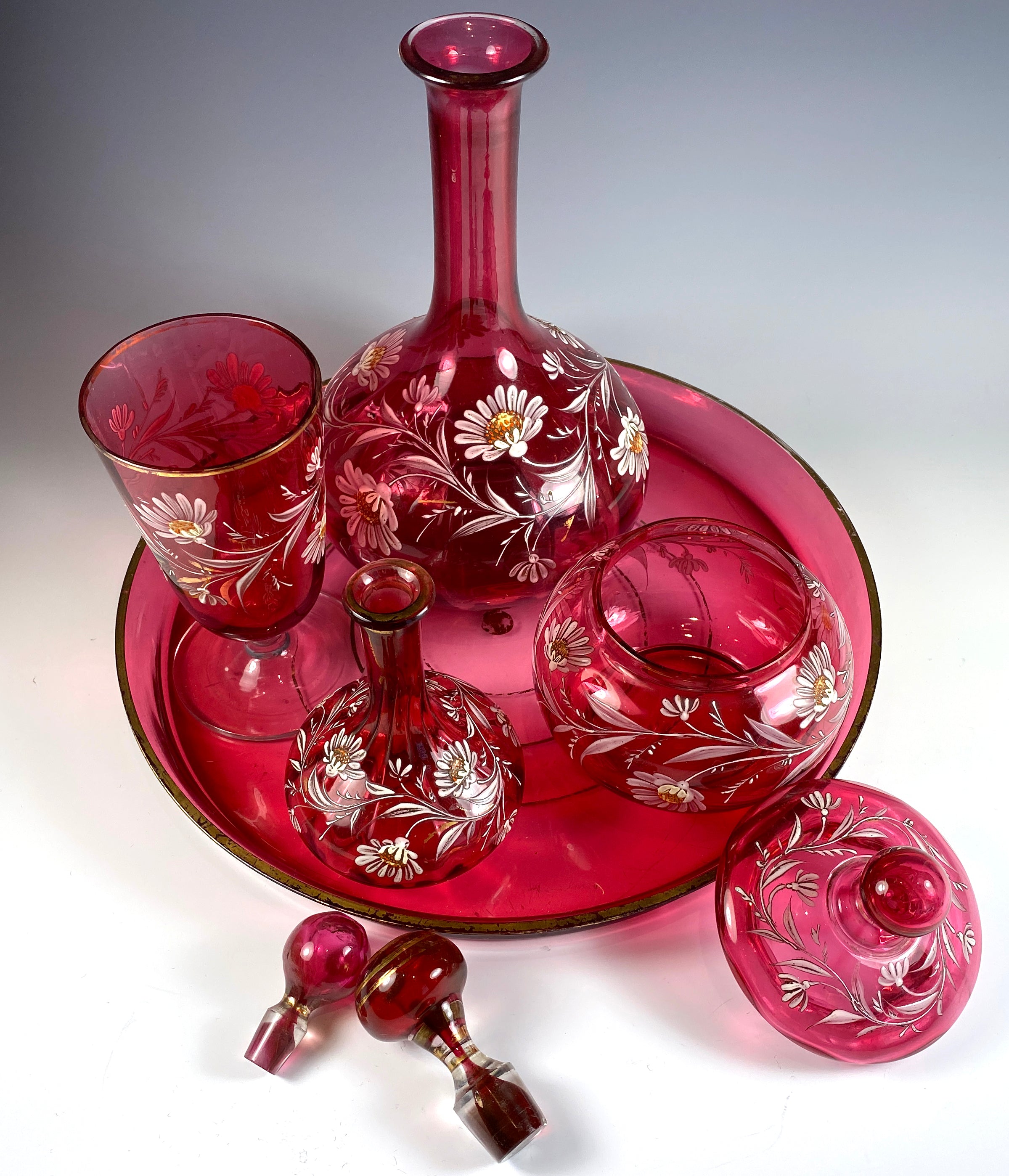 Antique French Cranberry Glass & Enamel Tray and Decanters, Sugar, Goblet, Absinthe Service