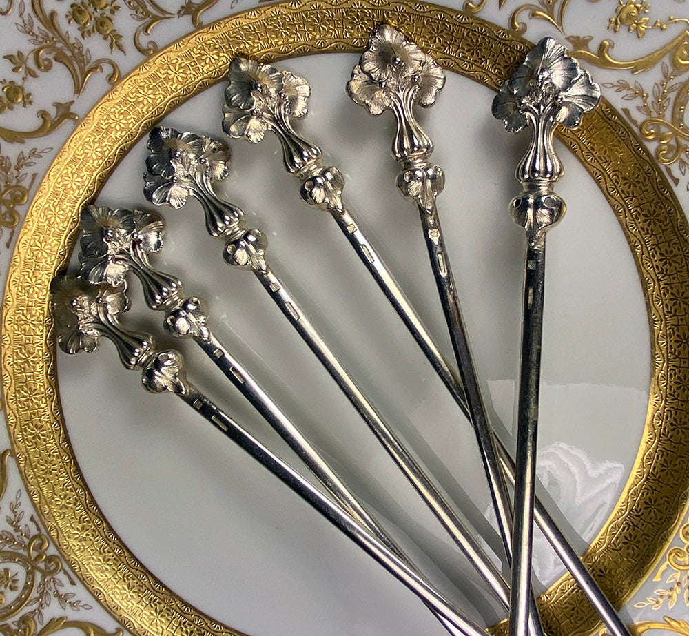 Set of 6 Antique to Vintage French CHRISTOFLE Meat, Scallop Picks, Heavy Silver Plate, 11" Long