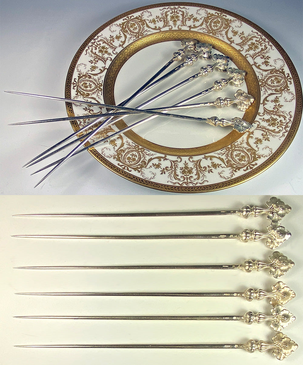 Set of 6 Antique to Vintage French CHRISTOFLE Meat, Scallop Picks, Heavy Silver Plate, 11" Long