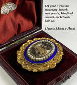 Antique French Hair Art Locket, Enamel Mourning Brooch, Pendant 12K Gold & Seed Pearls