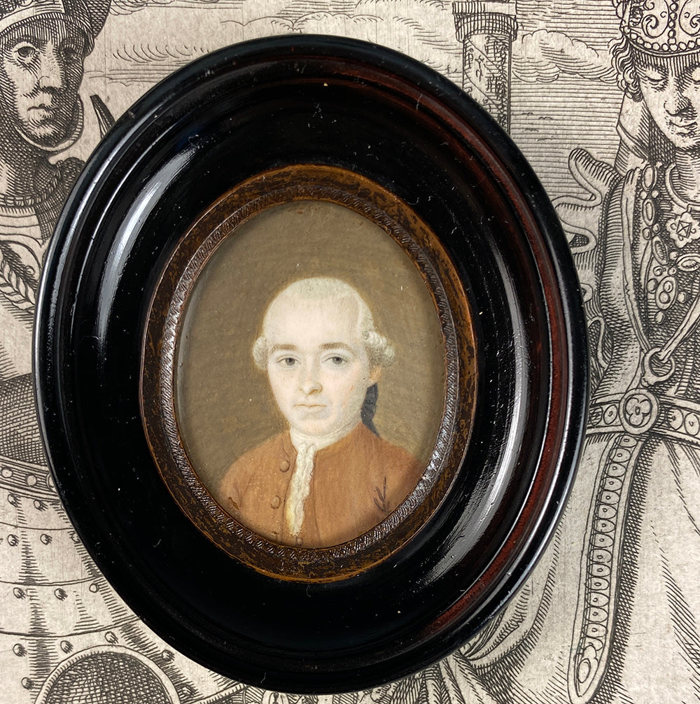 Tiny Antique French c.1700s Portrait Miniature in Frame, 18th Century Gentleman Powdered Hair