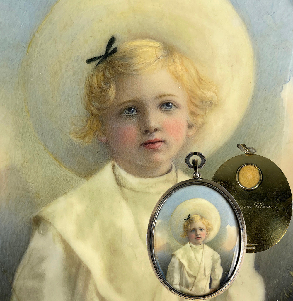 Superb Antique American Portrait Miniature of Blond Boy Child, Signed, Sterling Silver Frame Mount