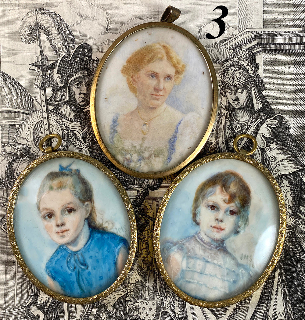 Rare Set of 3 Antique English Portrait Miniatures, Mother + 2 Young Girls, Children, c.1901, 1875, Signed