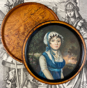 Antique French Portrait Miniature, c.1750s, Landscape and Young Beauty, Unique Burled Wood Etui, Frame