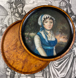 Antique French Portrait Miniature, c.1750s, Landscape and Young Beauty, Unique Burled Wood Etui, Frame