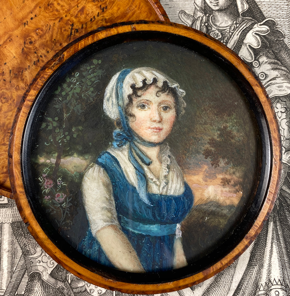 Antique French Portrait Miniature, c.1750s, Landscape and Young Beauty, Unique Burled Wood Etui, Frame