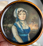 Antique French Portrait Miniature, c.1750s, Landscape and Young Beauty, Unique Burled Wood Etui, Frame