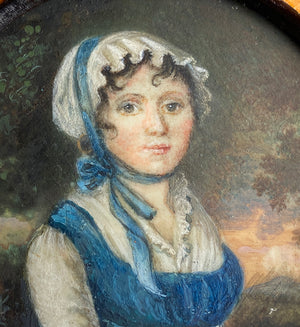 Antique French Portrait Miniature, c.1750s, Landscape and Young Beauty, Unique Burled Wood Etui, Frame