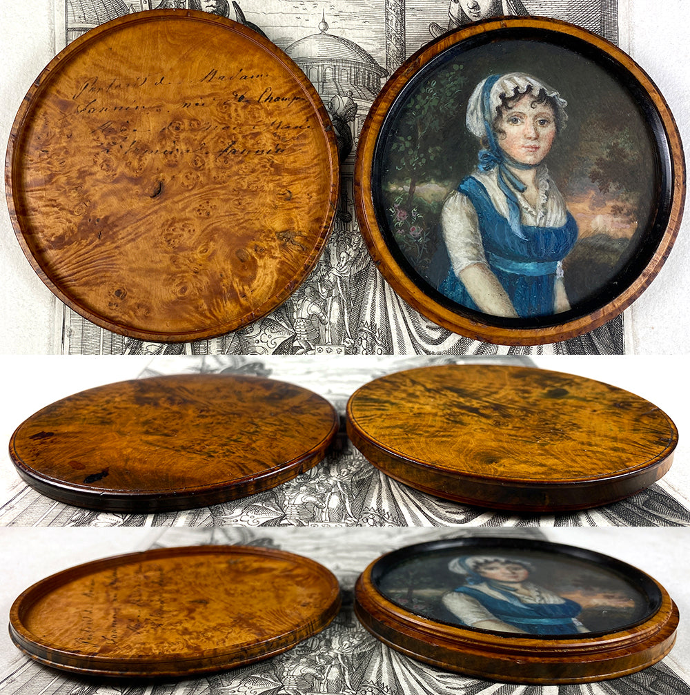 Antique French Portrait Miniature, c.1750s, Landscape and Young Beauty, Unique Burled Wood Etui, Frame