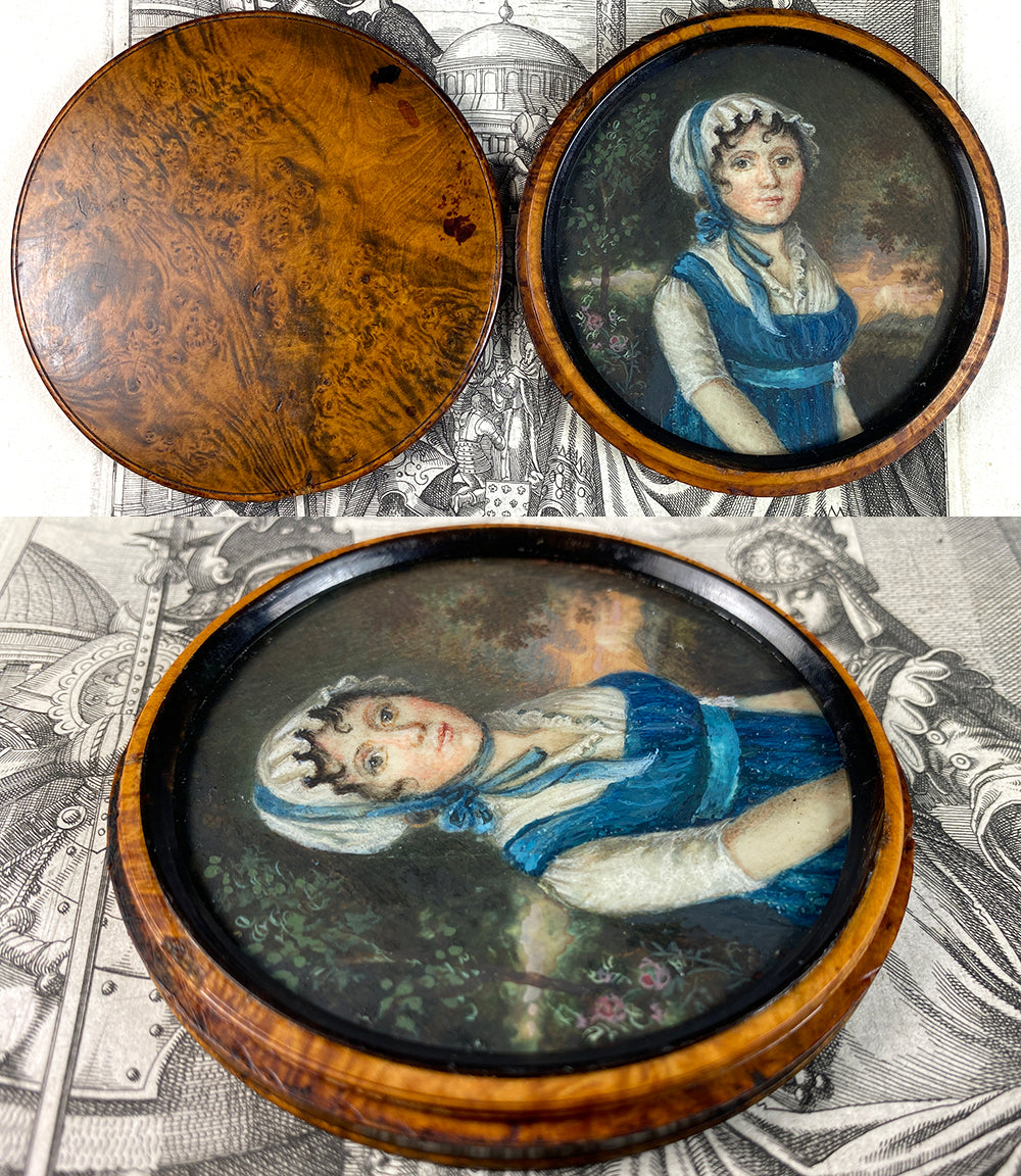 Antique French Portrait Miniature, c.1750s, Landscape and Young Beauty, Unique Burled Wood Etui, Frame