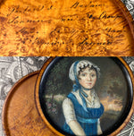 Antique French Portrait Miniature, c.1750s, Landscape and Young Beauty, Unique Burled Wood Etui, Frame