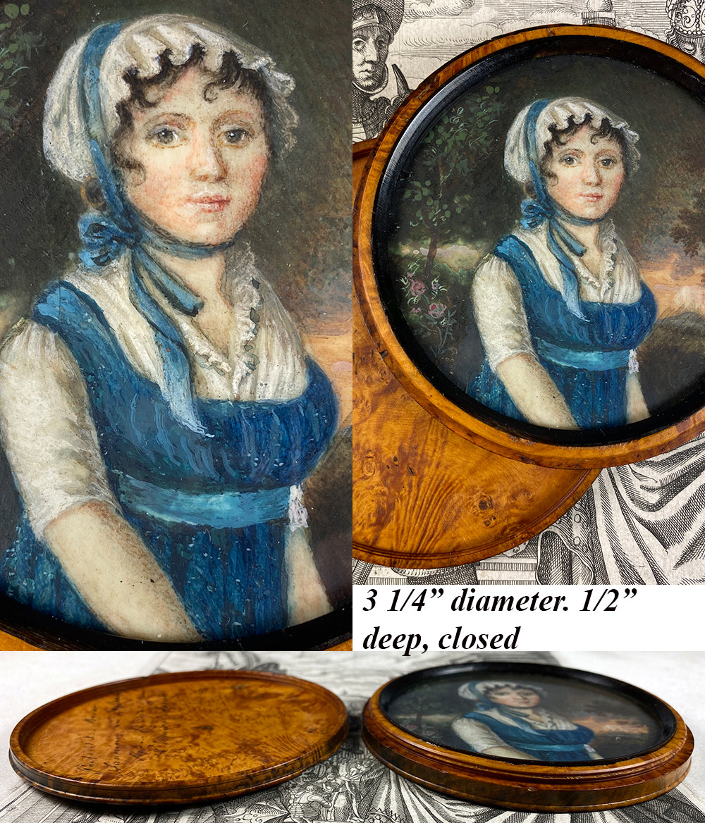 Antique French Portrait Miniature, c.1750s, Landscape and Young Beauty, Unique Burled Wood Etui, Frame