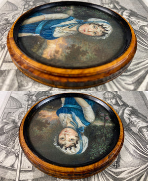 Antique French Portrait Miniature, c.1750s, Landscape and Young Beauty, Unique Burled Wood Etui, Frame