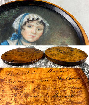 Antique French Portrait Miniature, c.1750s, Landscape and Young Beauty, Unique Burled Wood Etui, Frame