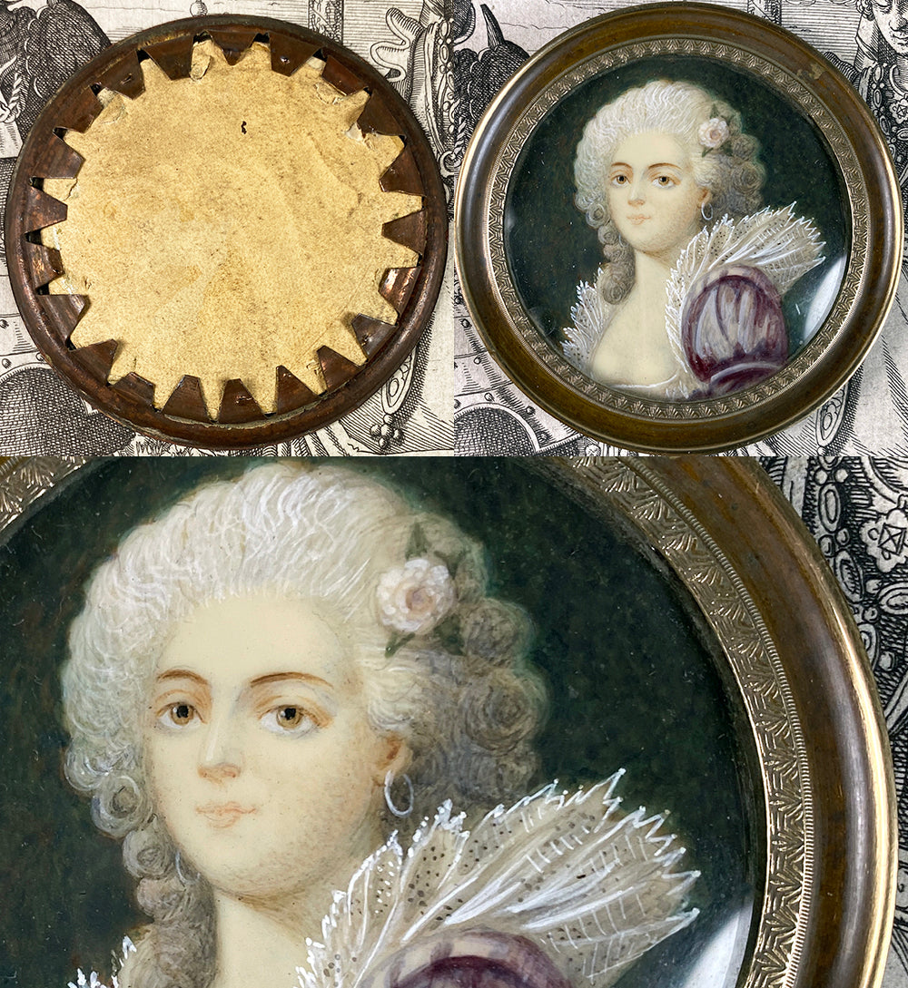 Antique French Portrait Miniature of 18th Century Beauty, Grand Tour Souvenir, 19th c.