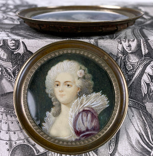 Antique French Portrait Miniature of 18th Century Beauty, Grand Tour Souvenir, 19th c.