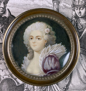 Antique French Portrait Miniature of 18th Century Beauty, Grand Tour Souvenir, 19th c.