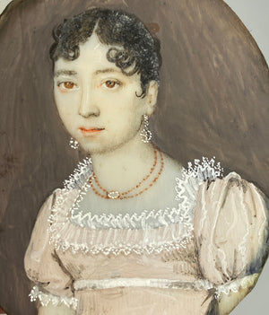 Antique French Portrait Miniature, French Empire c.1814 Red Coral Necklace, Seed Pearls