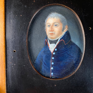 Antique French Portrait Miniature, French Military or Navy Uniform, Commander? Wood Frame