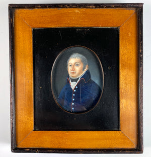 Antique French Portrait Miniature, French Military or Navy Uniform, Commander? Wood Frame