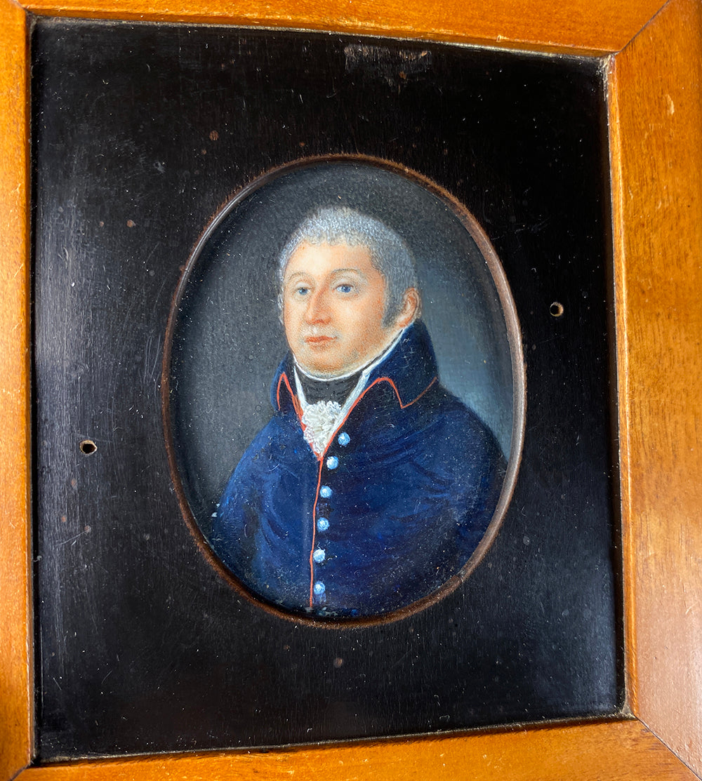 Antique French Portrait Miniature, French Military or Navy Uniform, Commander? Wood Frame