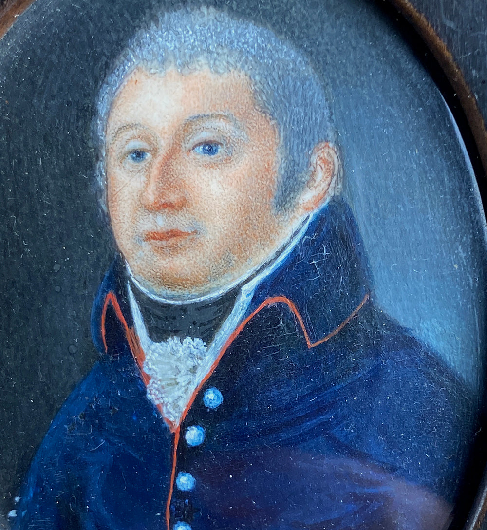 Antique French Portrait Miniature, French Military or Navy Uniform, Commander? Wood Frame