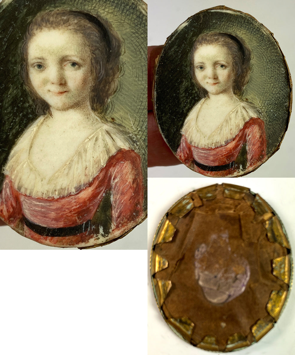 Tiny 18th Century French Portrait Miniature of a Child, Young Girl, Pre-teen c. 1750s