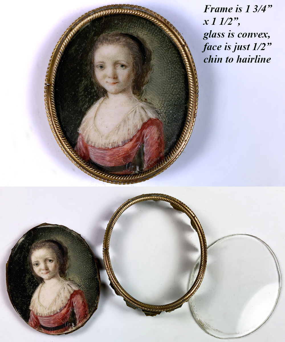 Tiny 18th Century French Portrait Miniature of a Child, Young Girl, Pre-teen c. 1750s